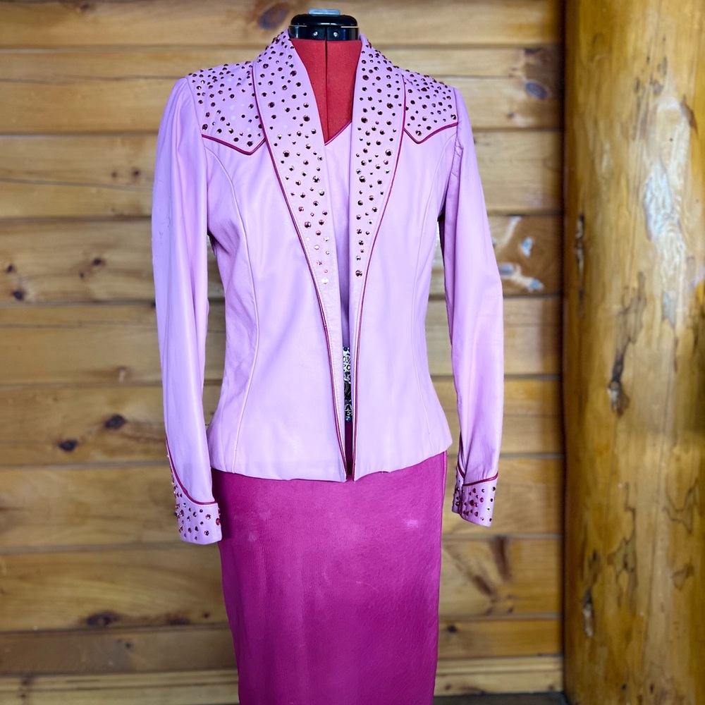Rhinestone Studded Pink Women's Suite Jacket and Skirt set